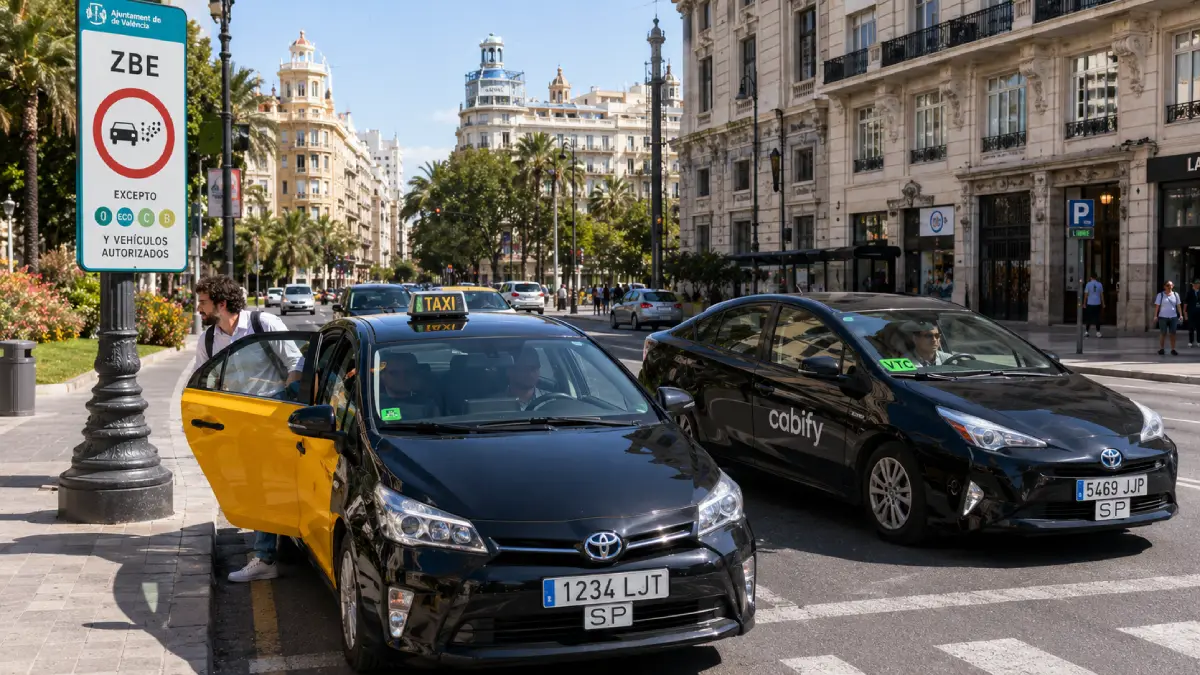 A yellow Barcelona taxi and a black Cabify ride-sharing car (with a VTC sticker) driving on a sunny street in Valencia.