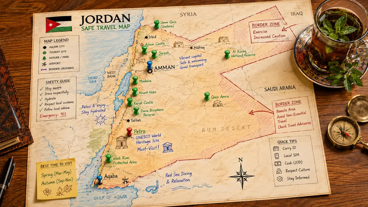 A colorful map of Jordan on a wooden table with pins marking safe tourist destinations.