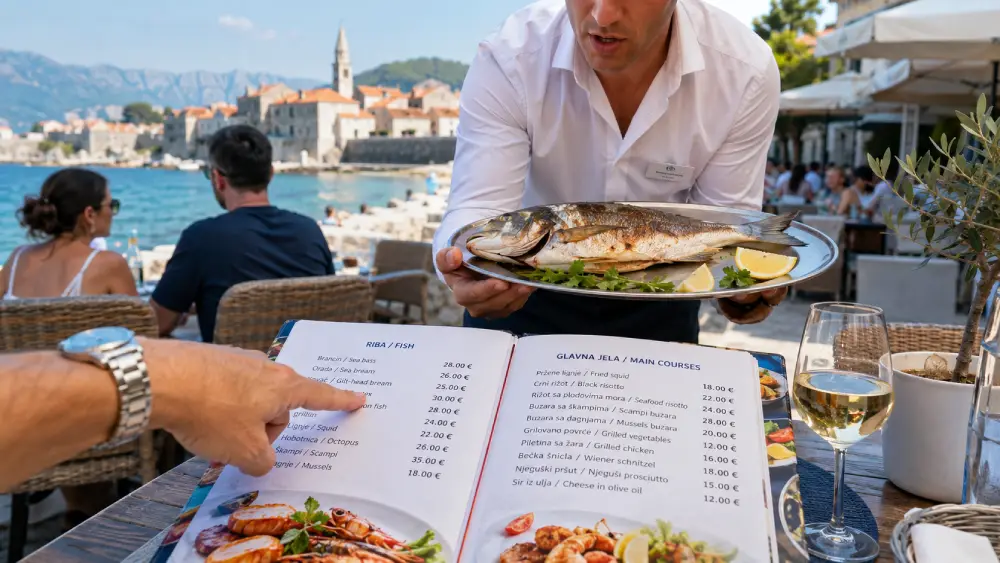 A daytime photo from a customer's perspective at a Budva waterfront restaurant, showing a waiter offering a verbal recommendation for a fish while a traveler insists on seeing the open physical menu with printed prices, illustrating awareness of a common scam.