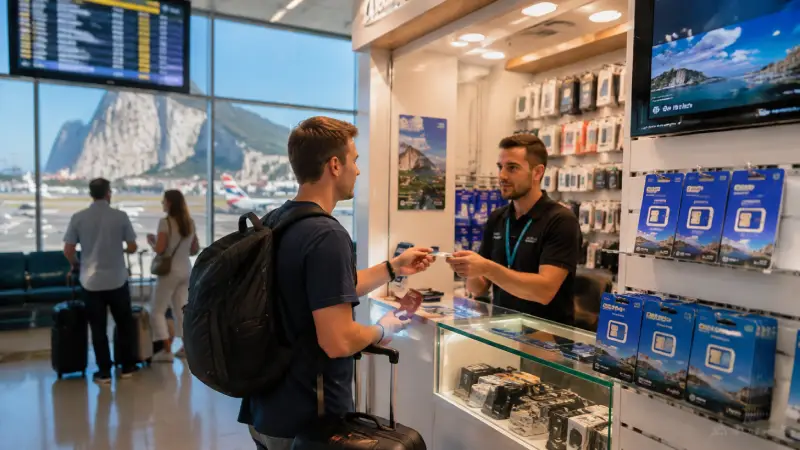 Reisender kauft am Ankunftsbereich des Gibraltar Airport eine Gibtelecom-Touristen-SIM.