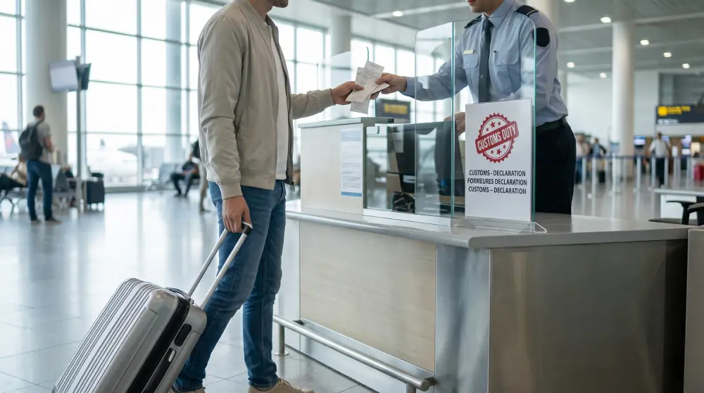 En reisende med en koffert som står ved tollens skatterefusjonsdisk på en italiensk flyplass.