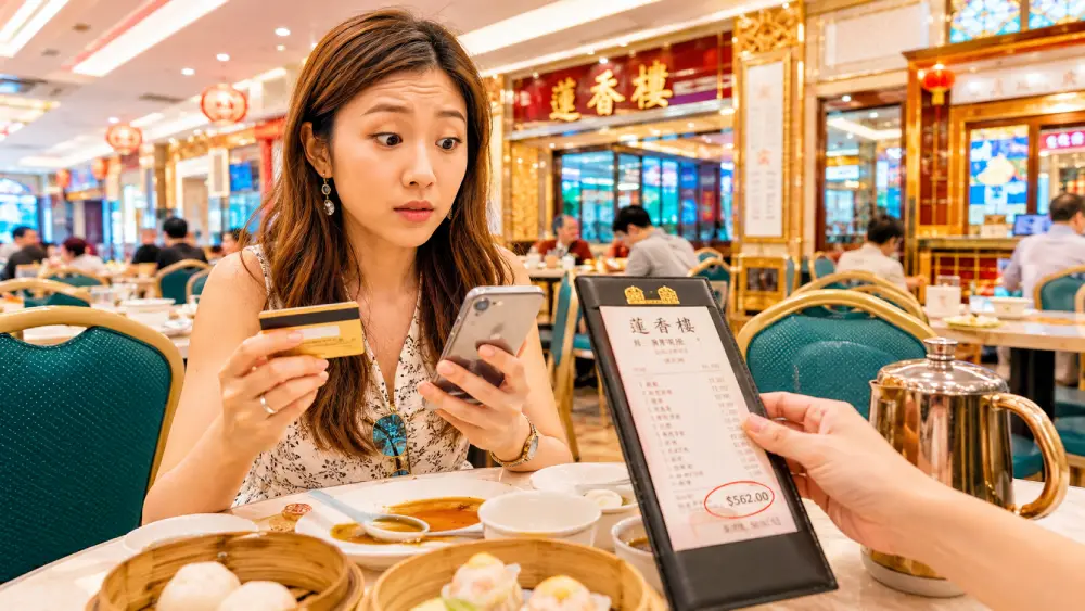 A tourist double-checking a restaurant bill to avoid common financial scams in Hong Kong.