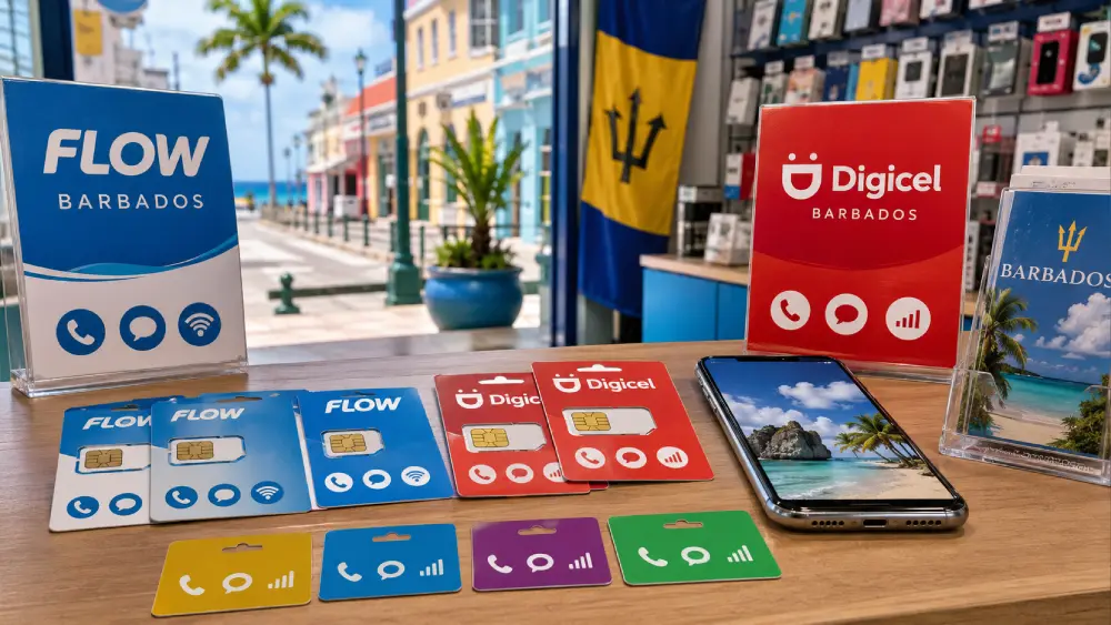 Local tourist SIM cards in Barbados displayed with a smartphone, prepaid cards, and mobile operator store elements.