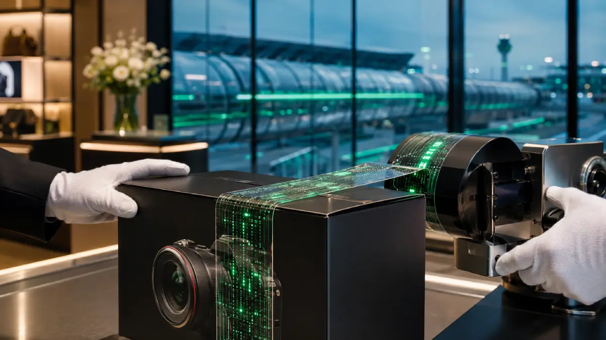 The moment a professional camera case is sealed with digitally certified green polymer at a luxury duty-free shop.