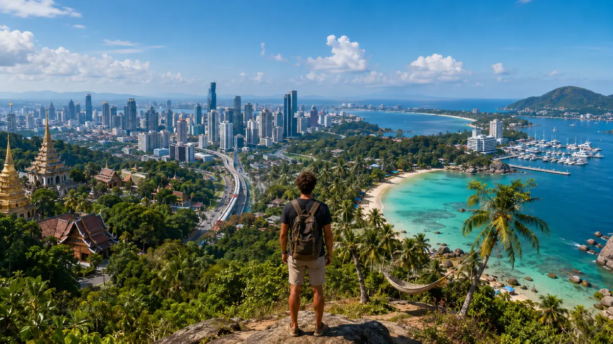 A panoramic vista from a high viewpoint, merging distinct scenes of Chiang Mai's history, Bangkok's urban center, Koh Phangan's beaches, and Phuket's coastline into one composite landscape.