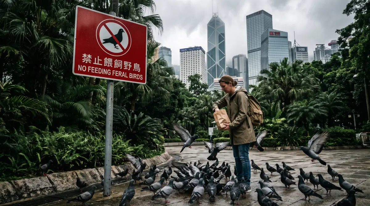 A tourist in a Hong Kong park being watched after dropping food for feral pigeons.