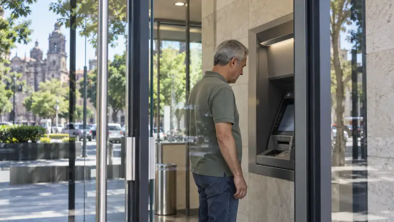 Traveler reading an ATM screen in an illustrative Mexico City bank vestibule.