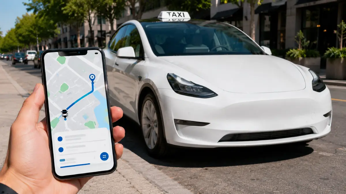Bílé elektrické taxi v Tiraně vedle chytrého telefonu zobrazujícího místní taxi aplikaci.