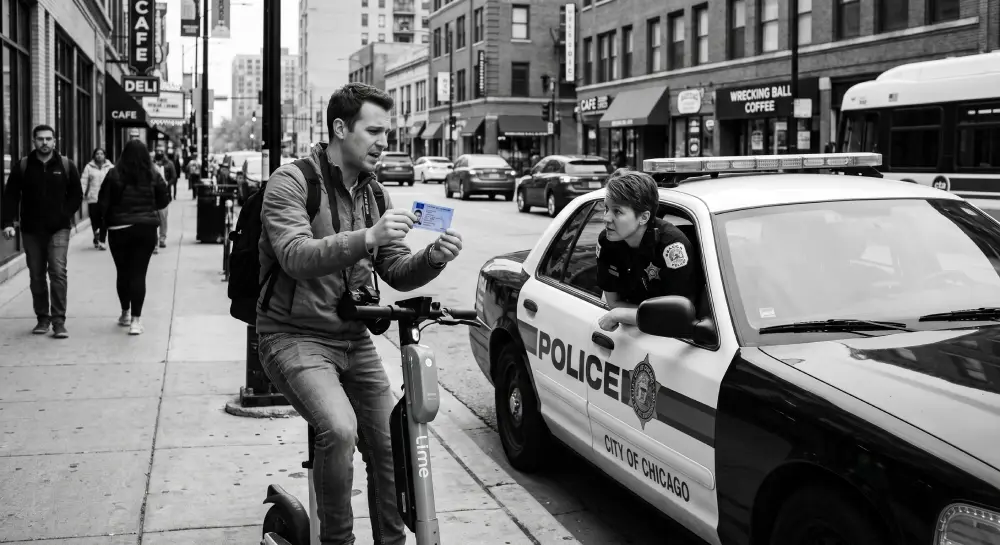 전기 스쿠터를 타고 있는 관광객을 멈추는 순찰차의 경찰관.