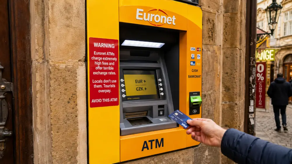 A bright yellow Euronet ATM in Prague with a visible warning sticker about high transaction fees.