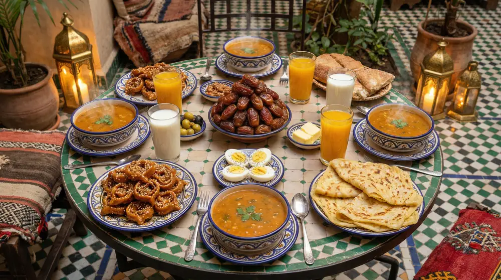 Un tradizionale pasto Ftour marocchino di Ramadan con zuppa Harira, datteri, dolci Chebakia e latte serviti in un contesto tradizionale.