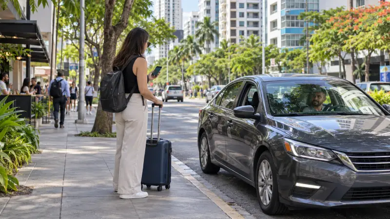 Traveler with luggage checking an app-booked car at a sidewalk pickup point in Panama City.