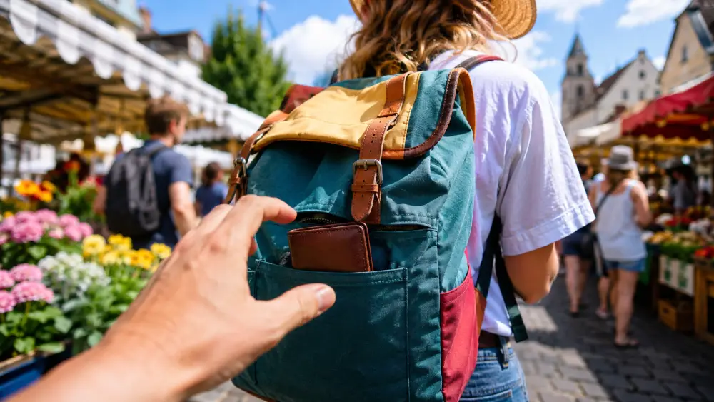 A close-up of a hand stealthily reaching toward a tourist's backpack in a crowded market.