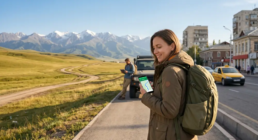 Reisender, der selbstbewusst ein Smartphone in Kirgisistan mit starker mobiler Abdeckung und reibungslosen Reiseabläufen nutzt.