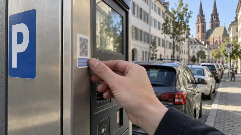 Ruka pregledava oznaku za plaćanje na ilustrativnom parkirnom automatu pokraj švicarske ulice.