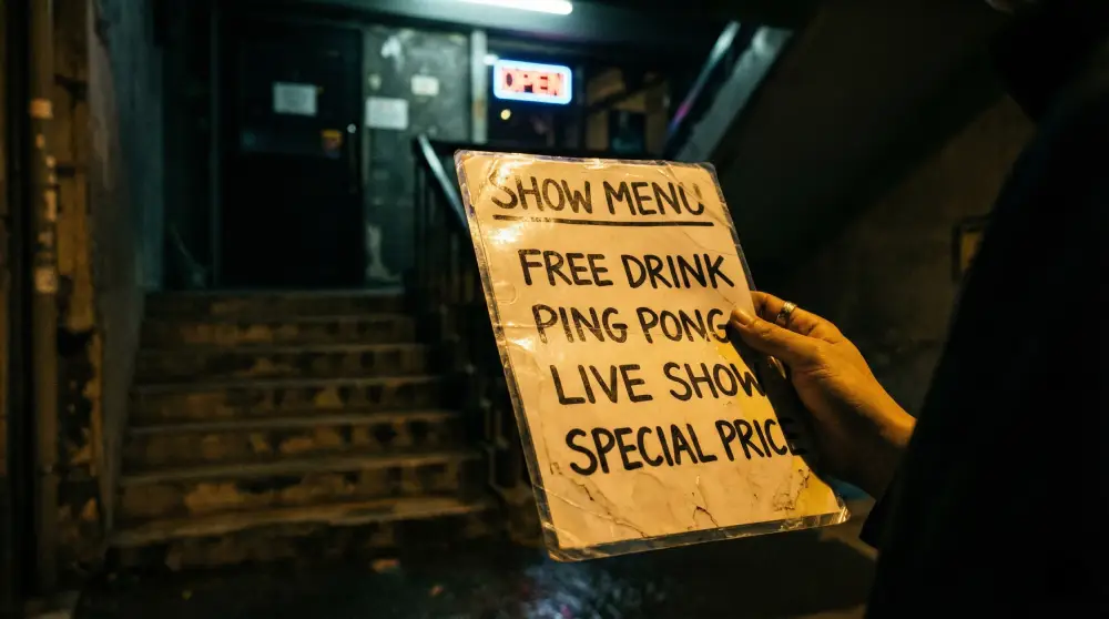 Street promoter holding a ping pong show menu card in a dark alley, illustrating a common tourist scam.