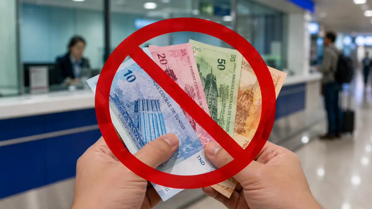 Bündel tunesischer Dinar-Banknoten mit einem auffälligen roten Verbotssymbol, das das Ausfuhrverbot der Landeswährung kennzeichnet.