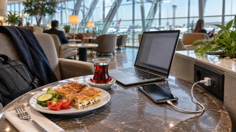 Турецький чай, бörek із сиром, ноутбук і телефон на заряджанні на столі в умовному аеропортовому лаунжі.