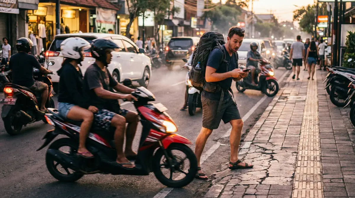A motorbike speeding past a tourist walking on a busy street in Bali, illustrating the risk of drive-by snatching.