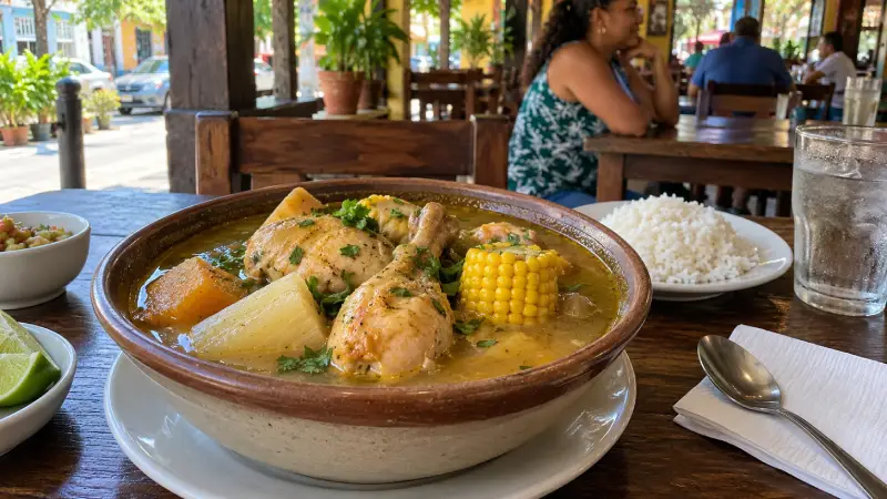 Sancocho dominicain au poulet et aux légumes, accompagné d’une portion séparée de riz blanc, dans un restaurant décontracté de Saint-Domingue.