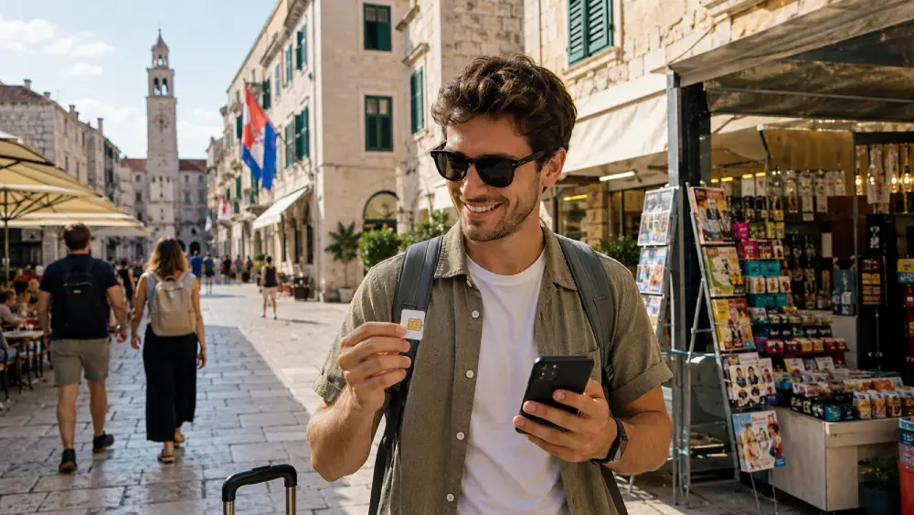 Tourist buying a local SIM card in Croatia near a city-center kiosk.