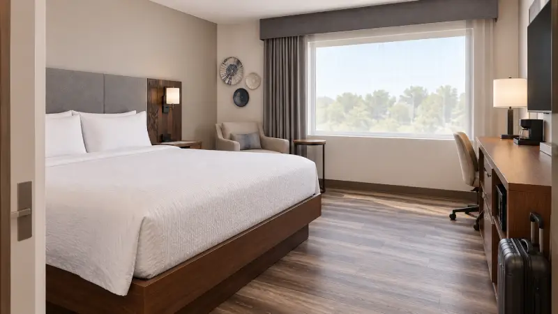 Ilustração de um quarto king no Hampton San Jose Airport, com cama, mesa e mala de mão fechada.