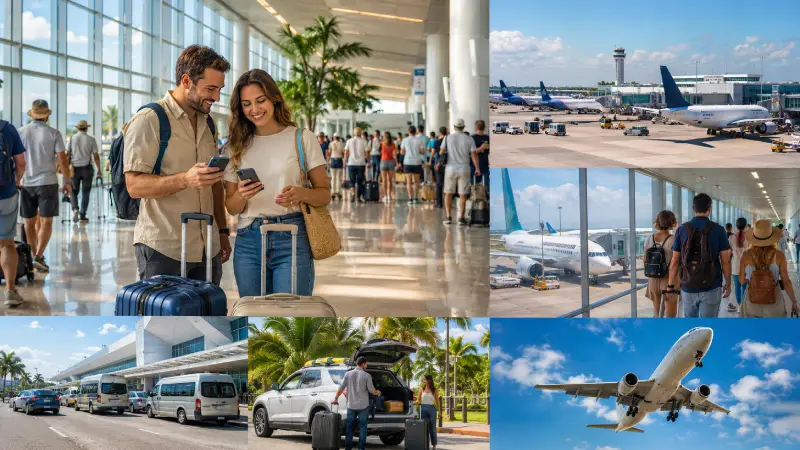 Busy Cancun airport scene emphasizing wider flight choice and stronger connectivity for Riviera Maya travelers.