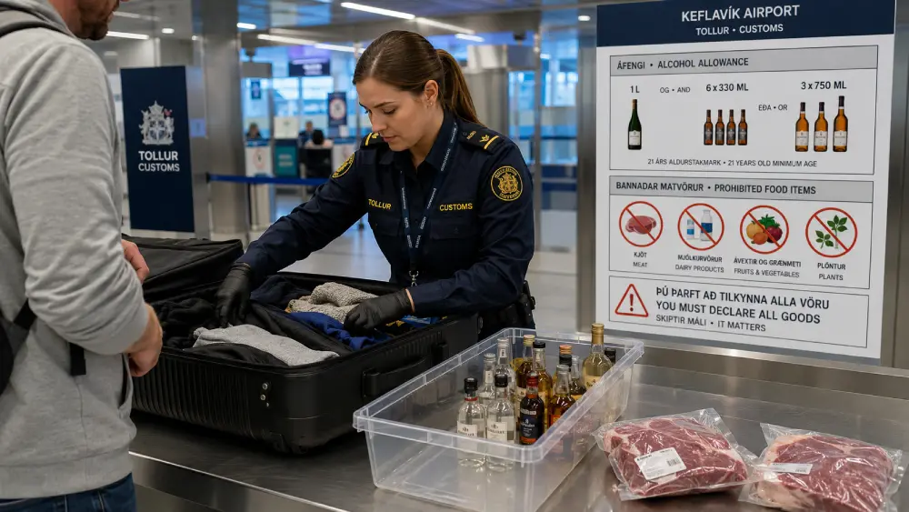 A female customs agent at Keflavik Airport inspects a tourist's suitcase, placing confiscated alcohol and raw meat packages into a bin next to an allowance information board.
