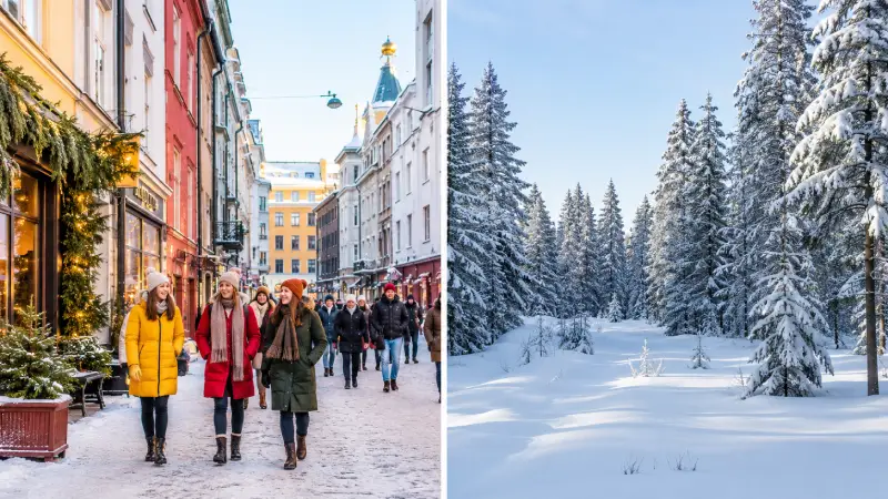 An image comparing the colorful and safe streets of Helsinki with the isolated, snowy wilderness of Finland.