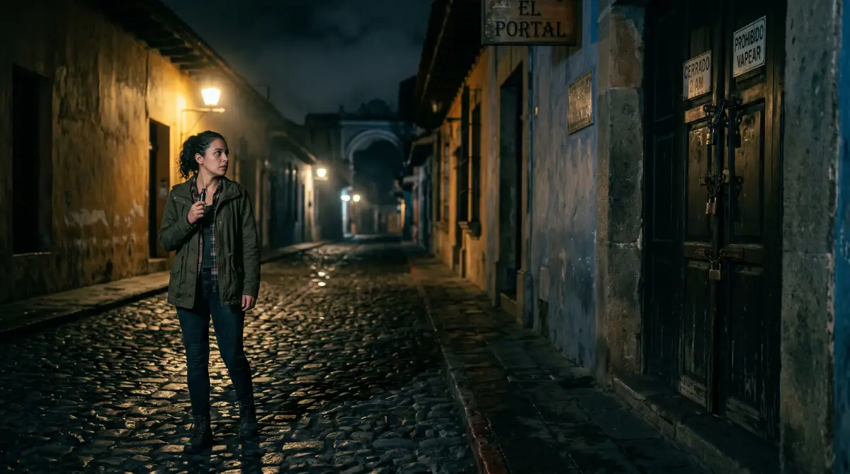 תייר מחזיק במכשיר אידוי ברחוב ריק עם אבנים בלילה מחוץ לבר סגור באנטיגואה גואטמלה.