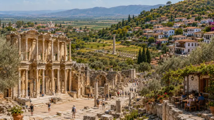 Ephesus ruins, the Library of Celsus, Selçuk, olive groves, vineyards, and the hillside village of Şirince.