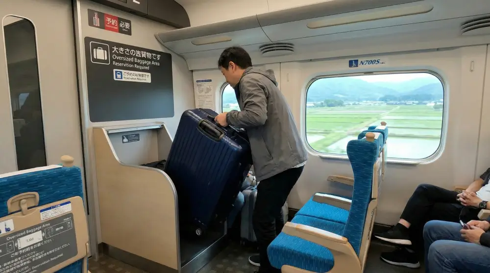 Traveler lifting a large suitcase into the designated oversized baggage area behind the last row of seats on a Shinkansen bullet train.