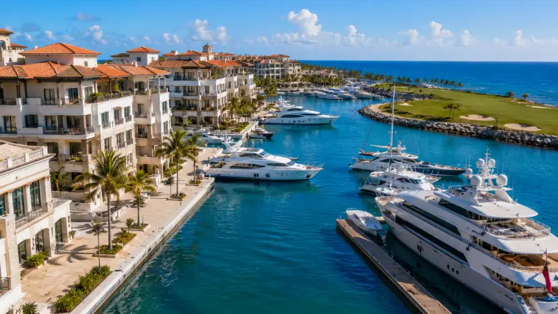 Exclusive luxury yachts docked in a modern marina in Cap Cana next to high-end waterfront condos.