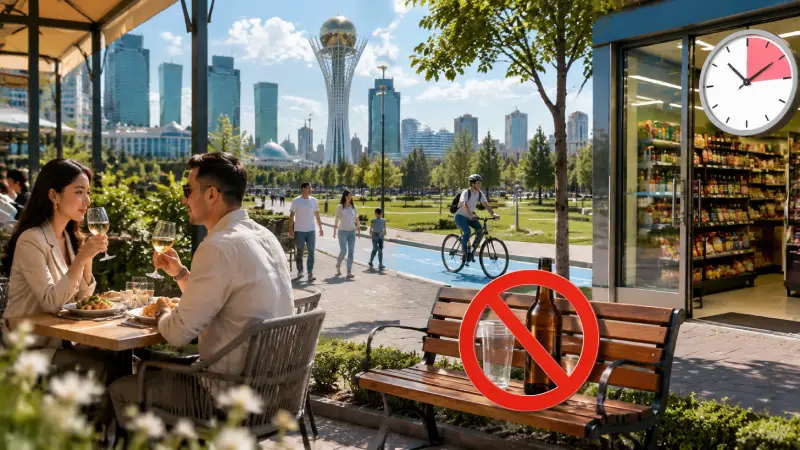 Vergleich zwischen legalem Alkoholkonsum in lizenzierten Restaurants und verbotenem öffentlichen Alkoholkonsum sowie eingeschränkten Ladenöffnungszeiten in Kasachstan.