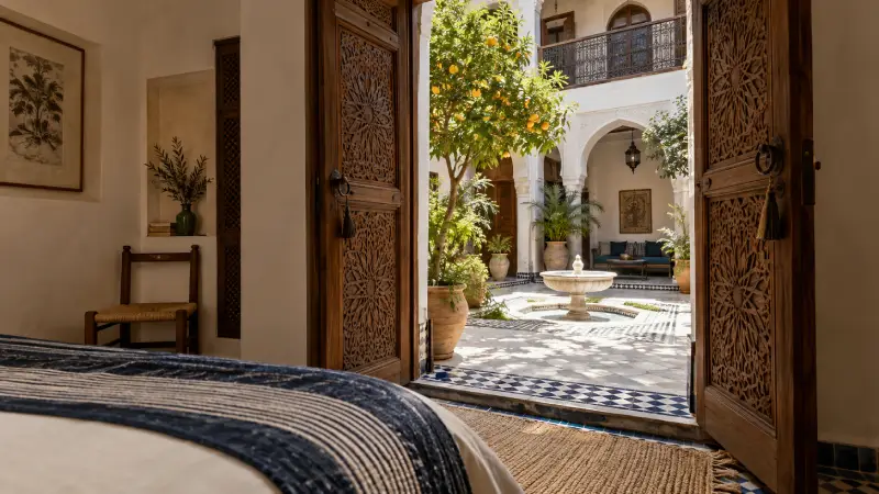 Illustrative riad guest room opening onto a tiled courtyard with a fountain and citrus tree.