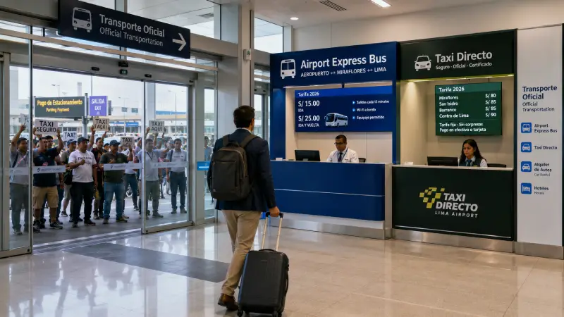 A traveler with luggage ignores unauthorized touts outside and heads toward official transportation counters inside the modern terminal of Lima's airport.