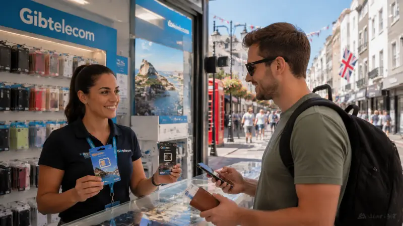 Tourist choosing between a Gibraltar tourist SIM and a local prepaid SIM at a Gibtelecom shop.