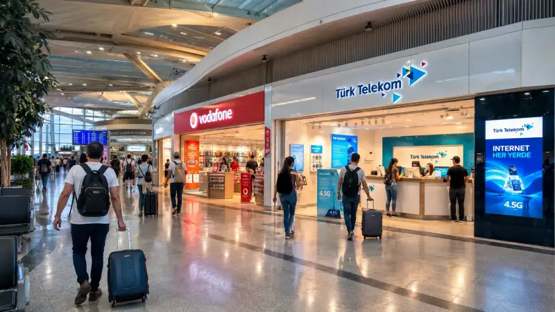 مشهد داخلي في المطار يوضح أين يمكن للمسافرين شراء بطاقات SIM في مطار أنطاليا من متاجر Türk Telekom وVodafone.
