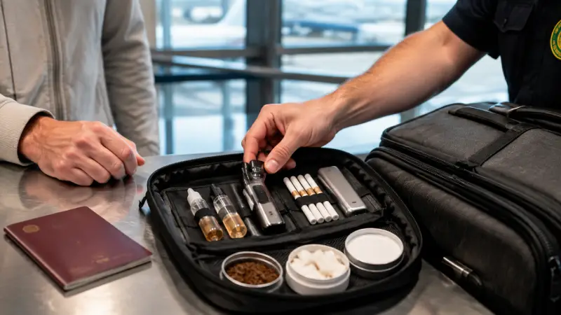 Traveler’s vape products, e-liquids, heated tobacco and nicotine pouches being checked at Portugal customs.