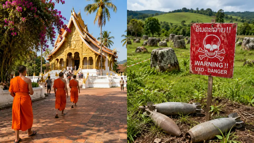 A split image comparing a safe temple in Luang Prabang with a UXO danger warning sign in a rural field in Xieng Khouang.