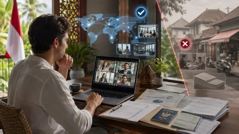 Remote employee working for an overseas company in Indonesia with income records, contract documents, and local work shown as restricted.