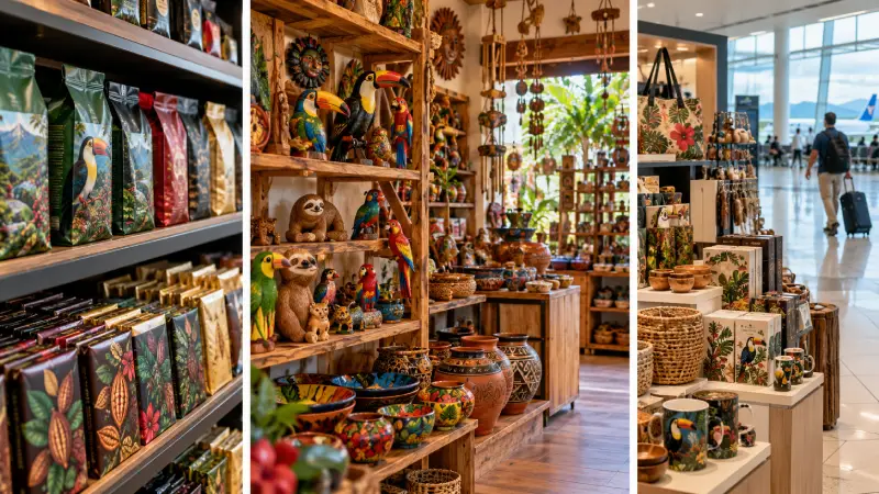 Illustrative composite of supermarket shelves, a craft shop and an airport gift shop.