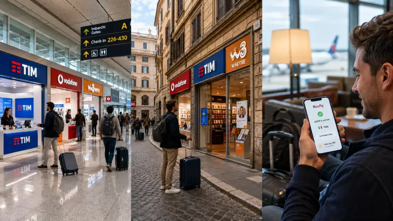 Sammenligningsbillede, der viser køb af SIM-kort i lufthavnen, køb af SIM-kort i en butik i byen og eSIM-aktivering på en telefon i Italien.