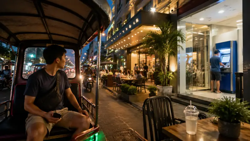 Tourist using secure transport and protecting valuables, bank cards and drinks during an evening in Phnom Penh.
