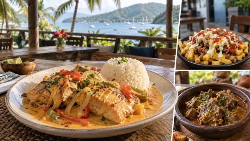Poisson de Saman&aacute; en sauce coco, avec des couches photographiques distinctes de yaroa et de ragoût de chèvre chivo liniero.