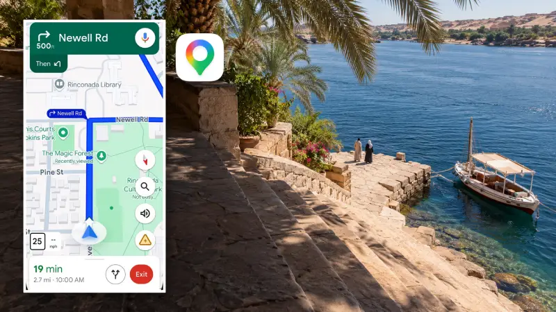 Editorial composite of an Aswan riverside landing with the Google Maps icon and an official navigation demonstration.