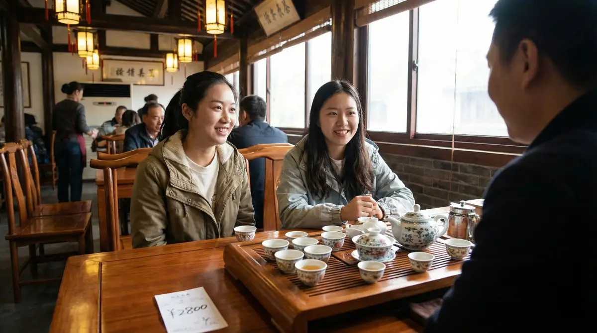 Inside a traditional Chinese tea house with tea being served and an expensive bill on the table, illustrating a tourist scam.