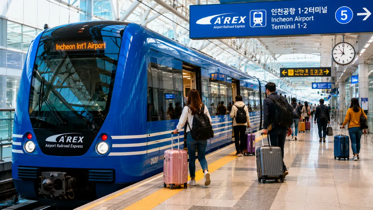 The blue AREX Express train waiting at Incheon International Airport station.
