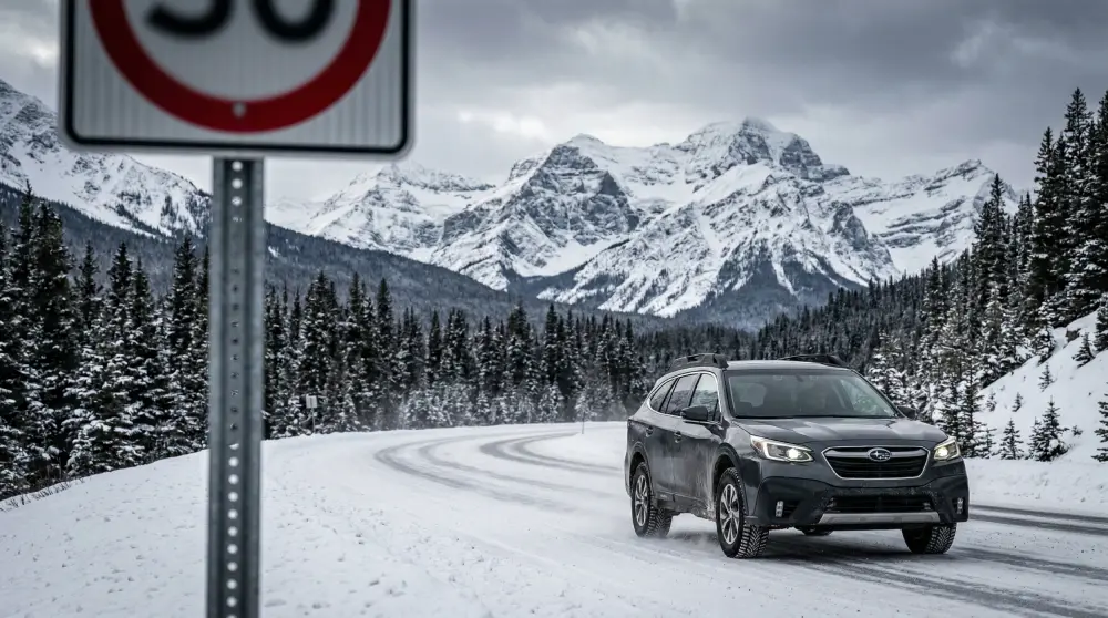A car equipped with winter tires driving on a snow-covered highway in the Canadian Rockies.