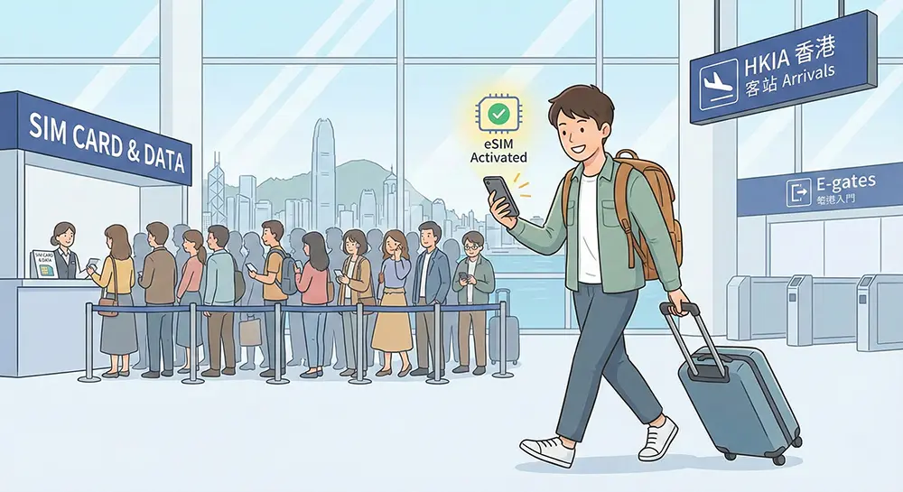 eSIMs allow travelers to skip airport SIM queues and connect instantly after landing in Hong Kong.